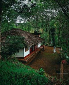 a small white house in the middle of some trees and grass with people standing outside