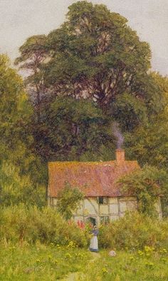 a painting of a house in the middle of a field with trees and flowers around it