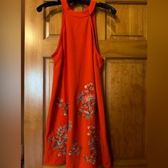 Beautiful Orange/Tangerine Halter Dress! Nwt! Size M! Embroidered Flowers! Orange Sleeveless Dress With Floral Embroidery, Orange Embroidered Fitted Dress, Sleeveless Orange Dresses With Floral Embroidery, Casual Red Mini Dress With Floral Embroidery, Fitted Orange Embroidered Dress, Fitted Embroidered Orange Dress, Orange Embroidered Summer Dress, Orange Floral Embroidered Party Dress, Steampunk Corset Dress