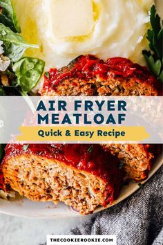 air fryer meatloaf on a plate with mashed potatoes and spinach