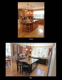 before and after pictures of a kitchen remodel with wood flooring, cabinets, island countertop, and dining room table