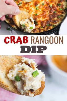 crab ranggoon dip in a cast iron skillet