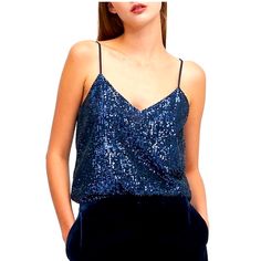 All Over Sequin Camisole Adjustable Straps Matches With Blue Sequin Skirt Blue Sleeveless Tank Top For Party, Blue Camisole Top For Party, Blue Party Camisole Top, Blue Camisole Tank Top For Party, Blue Tank Top For Summer Parties, Elegant Blue Tank Top For Spring, Elegant Blue Spring Tank Top, Blue Tank Tops For Night Out, Glamorous Blue Tops For Spring