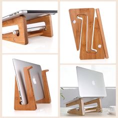 there are four different types of laptops in this photo and one is made out of wood