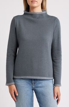 A wide funnel neck and slightly belled cuffs add to the instant-favorite allure of this polished sweatshirt made from midweight fleece that's a perfect balance of cozy and breathable. 22 1/2" length Funnel neck Long sleeves 60% cotton, 40% polyester Machine wash, line dry Imported Fleece Sweater For Layering, Fleece Funnel Neck Top For Fall, French Terry Sweater For Layering, Fleece Turtleneck Tops With Ribbed Cuffs, Fabric Gift Bags, Fleece Sweatshirt, Free Fabric, Funnel Neck, Funnel