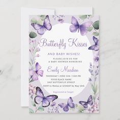 a purple and white butterfly baby shower is shown with the words, butterfly kisses and baby wishes