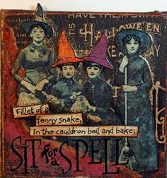 an old book cover with children dressed up as witches and the words, sit for a spell