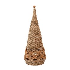 a brown wicker cone shaped basket with two rings on the bottom and one ring at the top