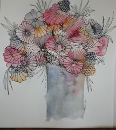 a watercolor painting of flowers in a vase