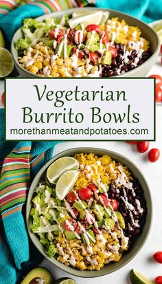 two bowls filled with mexican burrito bowls and lime wedges