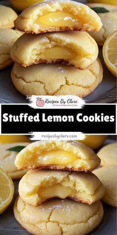 lemon cookies stacked on top of each other with the words stuffed lemon cookies above them