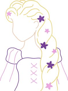 a drawing of a girl with long hair and purple flowers in her hair, looking to the side