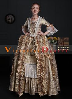 Medieval Renaissance Gold Floral Baroque Rococo Marie Antoinette Dress     Condition: Brand New   Color:Gold   Material: This dress made of High Quality Brocade, soft,smooth and comfortable to wear   Sleeve Length: Long Flare Sleeve   Dresses Length:Floor-Length   Neckline: amp;nbsp; Square Neck   Decoration: Ruffles + Lace + Bow   Package Includes: One Dress     The length of skirt about 45 inches (114 cm) long from waist to hem regardless of size. This dress is pictured with a 3-hoop bustle Pe Baroque Historical Design Gown For Costume Party, Vintage Baroque Gown For Costume Party, Baroque Victorian Dress For Costume And Medieval Festivals, Baroque Victorian Dress For Costume Parties And Medieval Festivals, Historical Baroque Gown For Costume Use, Baroque Gown With Historical Design For Costume, Vintage Historical Ball Gown For Costume Party, Floor-length Victorian Rococo Dress For Costume, Victorian Rococo Floor-length Costume Dress