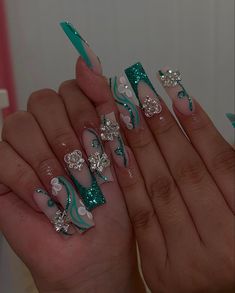 Nail Tip Designs, Long Square Nails, Long Acrylic, Blue Nail, Popular Nails, Diamond Nails, Prom Nails