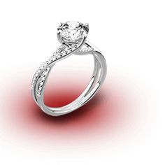 a white gold ring with diamonds on the side and a red light in the background