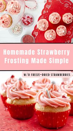 homemade strawberry frosting made simple with pink frosting on top and cupcakes in the background