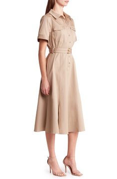 Perfect for work or play, this belted shirtdress is designed with flap pockets and abbreviated cuffed sleeves. 47 1/2" length (size Medium) Button half-placket Spread collar Short sleeves Chest flap patch pockets Removable belt Unlined 100% cotton Hand wash, line dry Imported Cotton Shirt Dress, Shirtdress, Modest Dresses, Cuff Sleeves, Flap Pocket, Patch Pocket, Hand Wash, Short Sleeves, Nordstrom