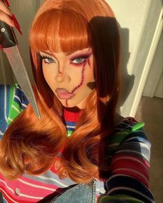 35+ Horrifying Halloween Makeup Ideas for Women - HubPages Clown Custome Women Halloween, Chucky Glam Makeup, Women Costumes 2023, Halloween Y2k Costumes, Halloween Makeup With Red Hair, Chunky Makeup Halloween, Easy Chucky Makeup, Chucky Face Makeup, Orange Hair Costume Ideas