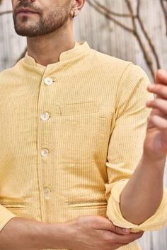 Shop for Charkhee Yellow Sleeveless Solid Bundi Jacket for Men Online at Aza Fashions Satin Salwar, Sleeveless Kurta, Embroidered Beads, Sustainable Clothing Brands, Nehru Jackets, Straight Kurta, Beaded Neckline, Yellow Jacket, Pastel Yellow