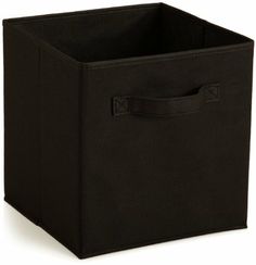 a black storage bin with handles on the front and bottom, in an open position