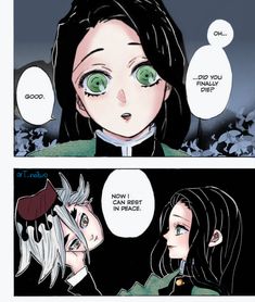 two comics with green eyes and black hair, one is looking at the camera while the other