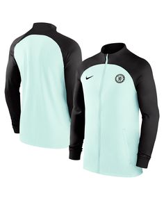 the nike jacket is light blue and black