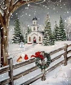 a painting of a snow scene with a church in the background and wreaths hanging on a fence