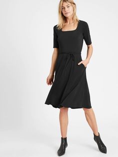 Wrinkle-Resistant Square-Neck Dress | Banana Republic Square Neck Dress, Professional Fashion, Banana Republic Dress, Elbow Length Sleeve, Flare Skirt, Fit & Flare, Jersey Fabric, Square Neck, Moisture Wicking