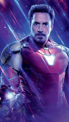 the iron man character from avengers is shown in front of an image of lightning and stars