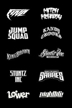 six different logos are shown in white on black background, each with the same name