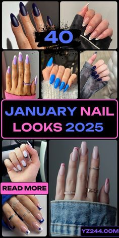 Nail Art For January, Nail Art 2025 Trends, January Nails Almond Shape, Gel Color Ideas, January 2025 Nail Trends, January Acrylic Nail Ideas, Nails 2025 Winter, New Years Nails Almond Shape, Winter Simple Nails