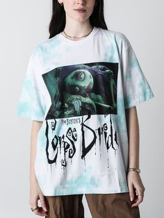 Corpse Bride Merchandise, Themed Cotton T-shirt With Front Print, Themed Cotton Crew Neck T-shirt, Green Themed Cotton Tops, Themed Green Cotton Tops, Green Themed Crew Neck Top, Themed Green Crew Neck Top, Themed Crew Neck Top With Screen Print, Summer Themed Cotton T-shirt