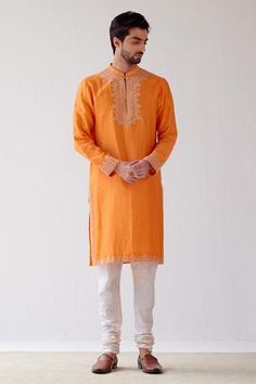 Shop for Devnaagri Orange Chanderi Dori Embrioidered Kurta Set for Men Online at Aza Fashions Salwar Kameez With Resham Embroidery For Diwali, Unstitched Orange Kurta With Gota Work, Orange Straight Kurta With Chikankari Embroidery, Designer Orange Kurta With Resham Embroidery, Orange Designer Kurta For Festivals, Designer Orange Straight Kurta, Designer Orange Kurta For Festivals, Orange Resham Embroidered Designer Kurta, Designer Orange Resham Embroidered Kurta