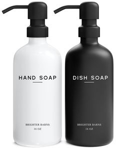 two black and white hand soap bottles next to each other with the words dish soap on them