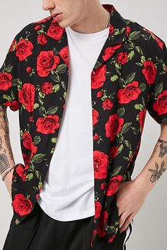 Rose Shirts, Vintage Hawaiian Shirts, Men Fashion Casual Outfits, Streetwear Men Outfits, Elegant Shirt, Collar Shirt, Flower Fashion, Shirt Collar