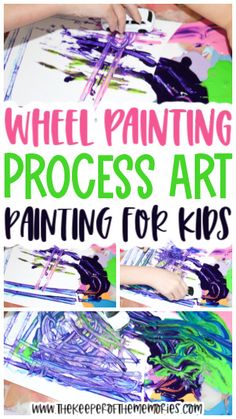 collage of wheel painting images with text: Wheel Painting Process Art Painting for Kids Nature Provocations, Easy Painting For Kids, Blow Painting, Wheel Crafts, Creative Curriculum Preschool, Preschool Painting, Sponge Painting