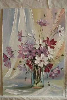 a painting of pink and white flowers in a glass vase on a cloth covered table