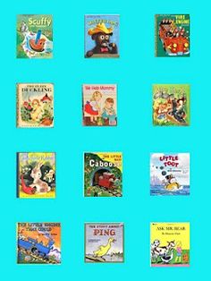 the children's books are arranged in rows on a blue background with white border