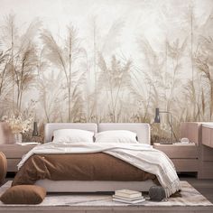 a bedroom with a bed, nightstands and large wall mural on the wall behind it