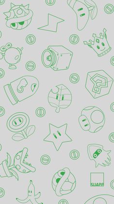 green doodles on a gray background with different shapes and sizes, all in the same pattern