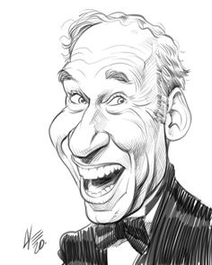 a caricature drawing of an old man with a suit and bow tie smiling