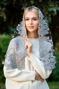 CHRISTMAS SALE☃️❄️ -25% + get free veil ♥️ Welcome to MariaVeils Here you will find best lace veils created with love and big faith️🌸 More about this veil: Style: Long Veils Thread color: Grey Tulle color: Black All our veils are located in Blaine, MN and are ready to ship!  Delivery will take only 2-3 days 💫 If you have any question, go ahead and text us! We will be happy to help you❤️ Answers to the most popular questions - Is there any clasp or clips on the veil?  -  Of course! All our veils ave sewn in hair combs,  which guarantee a valid fixation of the veil on the head. But if anything, you can easily remove it yourself. - How soon will I receive my veil? - Delivery in USA takes near 2-3 days! - Can I return the veil? - Unfortunately, no, but you can exchange the veil for any other Bridal Accessories With Lace Trim For Ceremony, Wedding Veil With Delicate Lace, Wedding Lace Shawl Dupatta, Wedding Lace Dupatta Shawl, Lace Dupatta Shawl For Wedding, Lace Ceremony Veil, Elegant Wedding Veil Made Of Net, Wedding Veil With Lace Work, Elegant Wedding Veil In Net Material