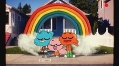 cartoon characters standing in front of a rainbow colored house