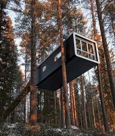 a tree house in the middle of a forest