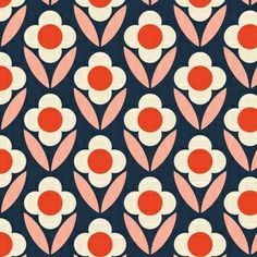 an abstract floral pattern with red and white flowers on a blue background, in the style of art deco