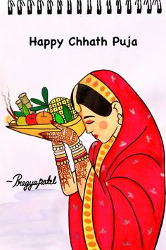 a drawing of a woman holding a plate with food on it and the words happy chhat puja written below