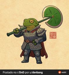 a drawing of a frog dressed in armor and holding a green shield with two swords