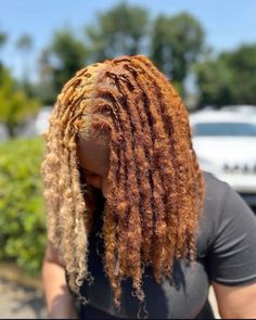 Dreads Hair Color Ideas, Natural Loc Colors, Pb J Hair Color Locs, Half And Half Hair Color Dreads, Different Loc Colors, Died Dread Locks, Fall Locs Color, Hair Dye Ideas Dreads, Medium Size Starter Locs Black Women