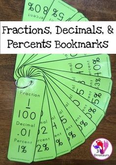 fractions, decimals and percents bookmarks with the title fractions, percentages, and percents