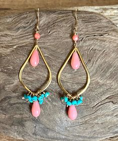 Gold filled chandelier earrings with turquoise and coral gemstones Pink Dangle Chandelier Earrings, Handmade Traditional Turquoise Chandelier Earrings, Coral Earrings Dangle, Pink Teardrop Chandelier Earrings, Nickel Free, Turquoise And Coral Earrings, Bohemian Coral Dangle Jewelry, Handmade Red Coral Dangle Earrings, Bohemian Coral Dangle Earrings, Coral Jewelry Set